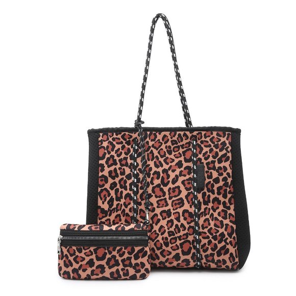 Handbags - Brown Leopard Print Neoprene Bag in Bag Tote